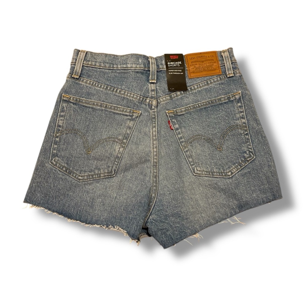 Levis Ribcage Shorts Womens 27 Blue Premium Denim Button Fly Super High Rise NEW